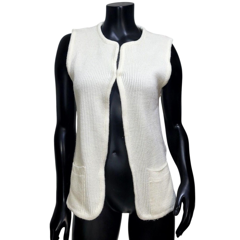 Vintage Sears 70s Ribbed Knit Sleeveless‎ Open Front Cardigan Sweater Vest Cream